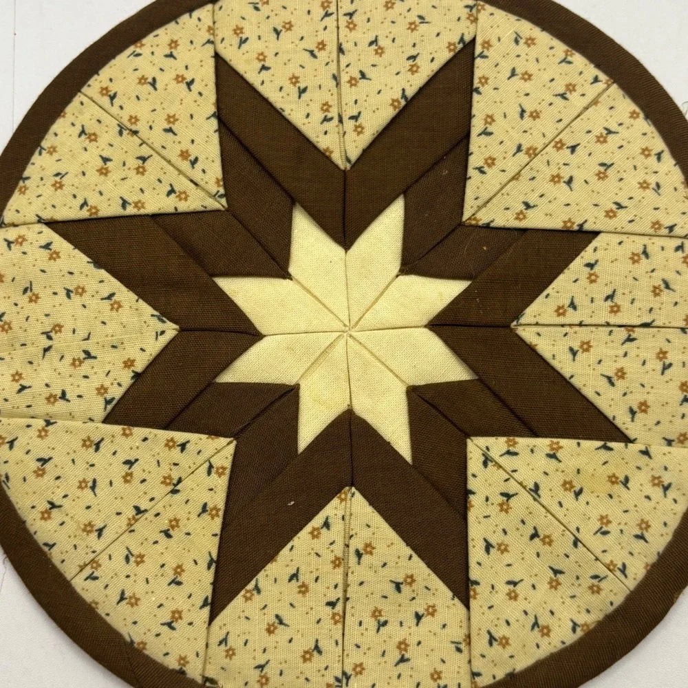 Vintage Handmade Quilted Folded Star Pot Holders Set of 2 Green Orange Brown 8